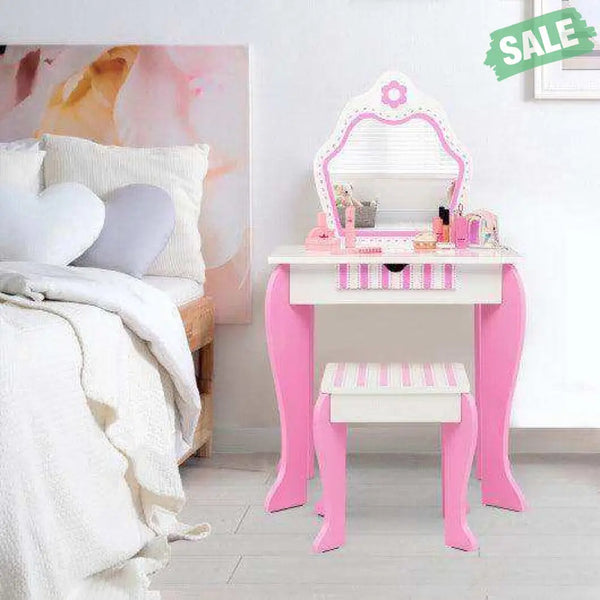 2-in-1 Toddler Vanity Set with Detachable Top & Cute Flower Patterns-White Kids Vanities