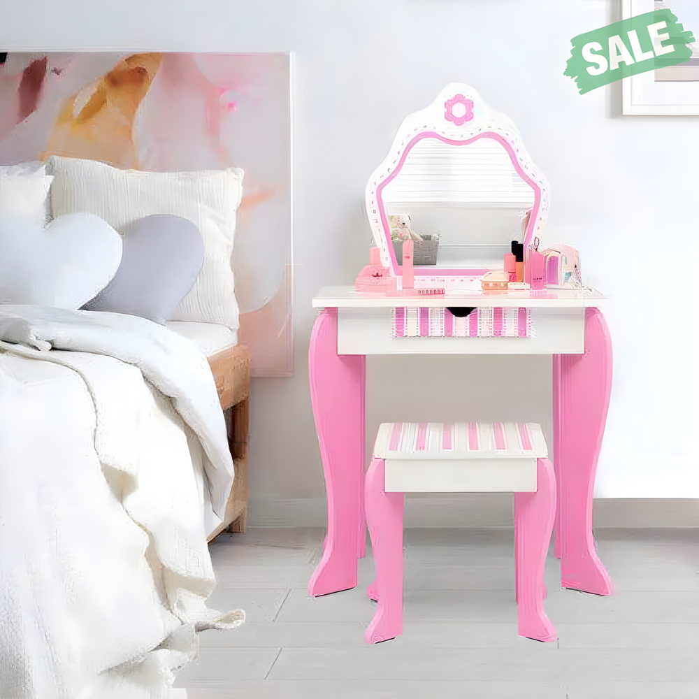 2-in-1 Toddler Vanity Set in White with Detachable Top and Cute Flower Patterns for Kids' Rooms.