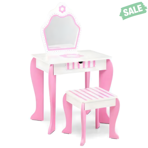 2-in-1 Toddler Vanity Set with detachable top, cute flower patterns, white finish, perfect for kids' playroom.