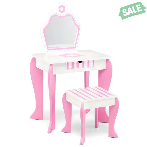 2-in-1 Toddler Vanity Set with detachable top, cute flower patterns, white finish, perfect for kids' playroom.