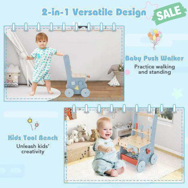 2-in-1 Toddler Wooden Baby Push Walker with Multi-Activity Center Baby Walkers