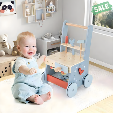 2-in-1 Toddler Wooden Baby Push Walker with Multi-Activity Center for early walking and playtime fun.
