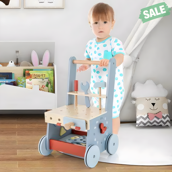 2-in-1 toddler wooden baby push walker with multi-activity center, shown from angle 2, promoting early walking skills.