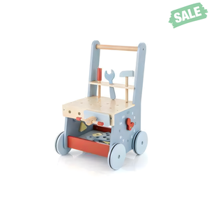 2-in-1 toddler wooden baby push walker with multi-activity center, viewed from angle 3, perfect for early walkers.