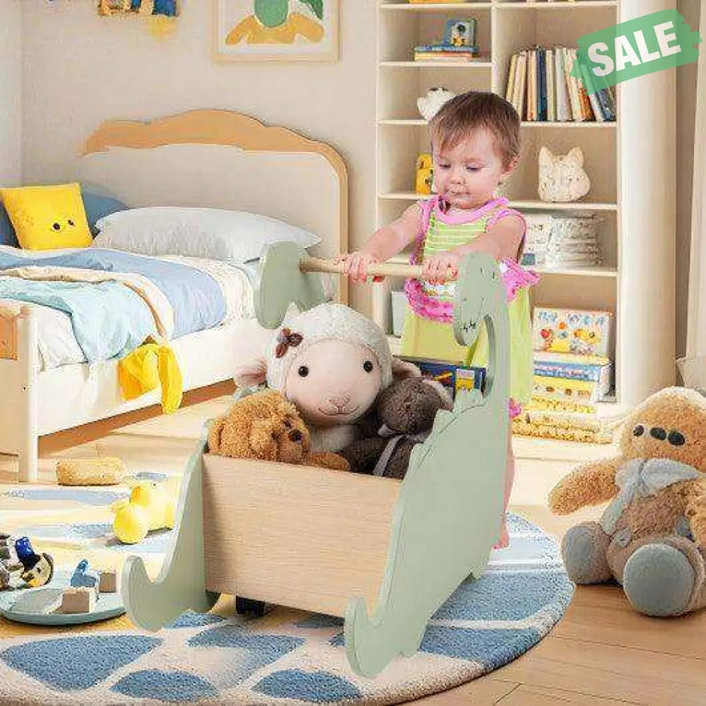 2 in 1 Wooden Baby Push Walker with Pine Wood Handle in Green - Safe and stylish baby walker for early walkers.
