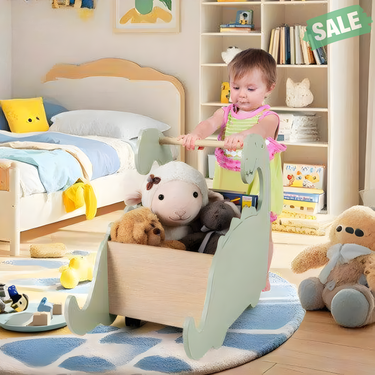 2 in 1 Wooden Baby Push Walker with Pine Wood Handle in Green - Safe and stylish baby walker for early walkers.