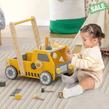 2-in-1 Yellow Wooden Baby Walker with Adjustable Speed and Bottom Storage for infants.