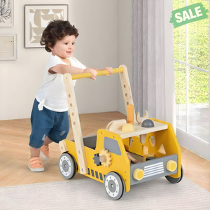 2-in-1 yellow wooden baby walker with adjustable speed and bottom storage, shown from angle 2.