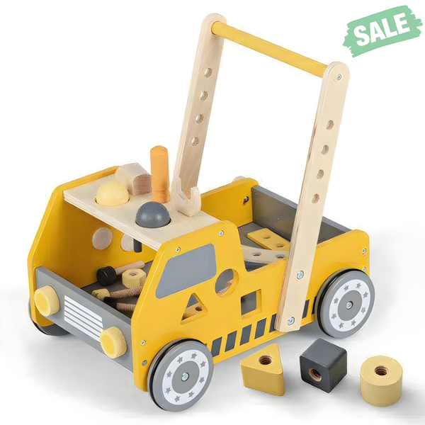 2-in-1 yellow wooden baby walker with adjustable speed and bottom storage, viewed from angle 3.