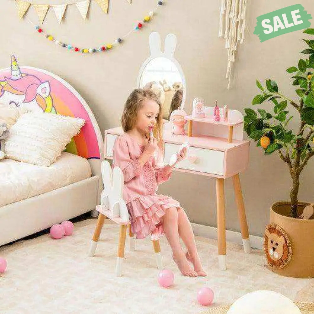 2 in 1 Wooden Princess Kids Vanity Set with Mirror-White Kids Vanities