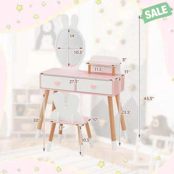 2 in 1 Wooden Princess Kids Vanity Set with Mirror-White Kids Vanities