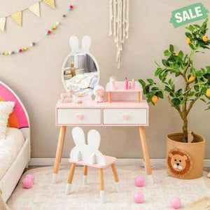 2 in 1 Wooden Princess Kids Vanity Set with Mirror-White Kids Vanities