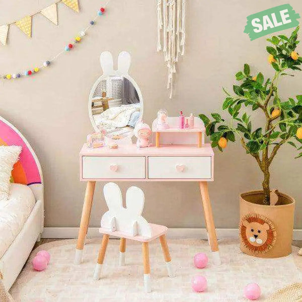 2 in 1 Wooden Princess Kids Vanity Set with Mirror-White Kids Vanities