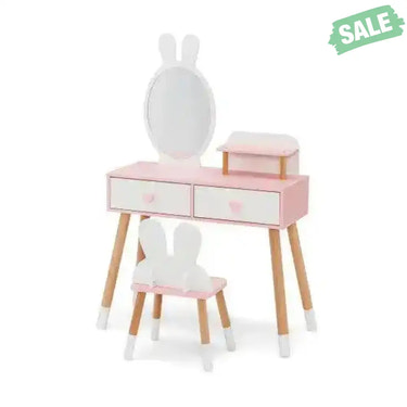 2 in 1 Wooden Princess Kids Vanity Set with Mirror-White Kids Vanities