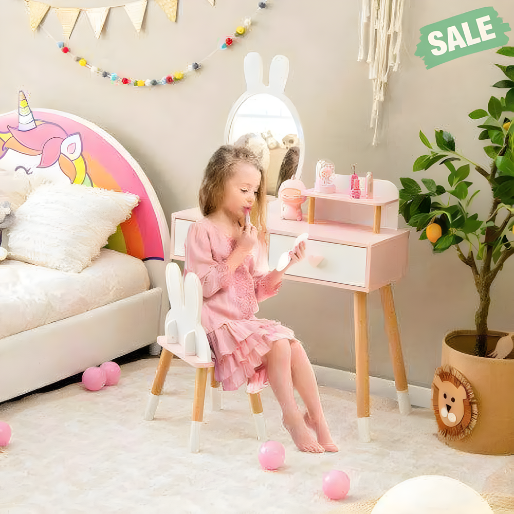 2 in 1 Wooden Princess Kids Vanity Set with Mirror in White - Perfect for little ones' playtime and imagination.