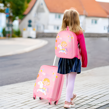 2 PCS pink kid luggage set with spinner wheels for boys and girls, perfect for travel and adventures.
