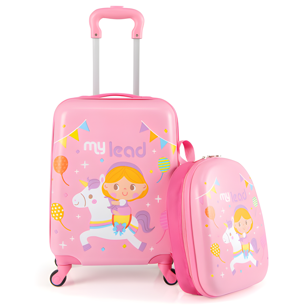 2 PCS pink kid luggage set with spinner wheels for boys and girls, perfect for travel and adventures.
