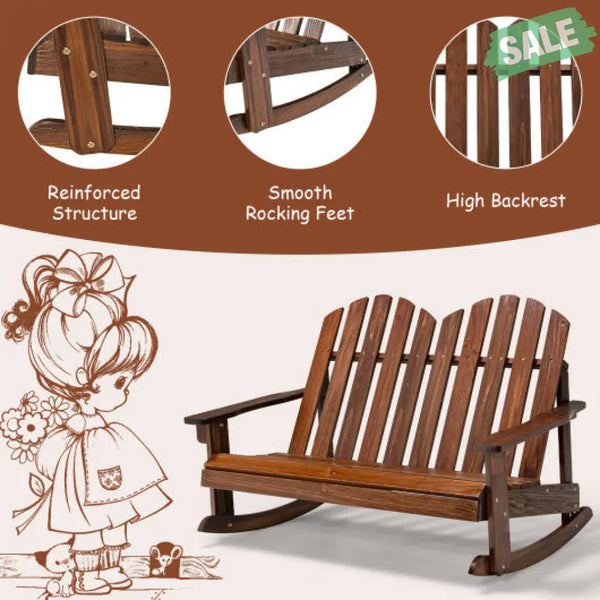 2 Person Adirondack Rocking Chair with Slatted seat-Brown Kids Chairs & Seating