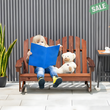 Brown 2-person Adirondack rocking chair with slatted seat, perfect for kids' outdoor seating and playtime.