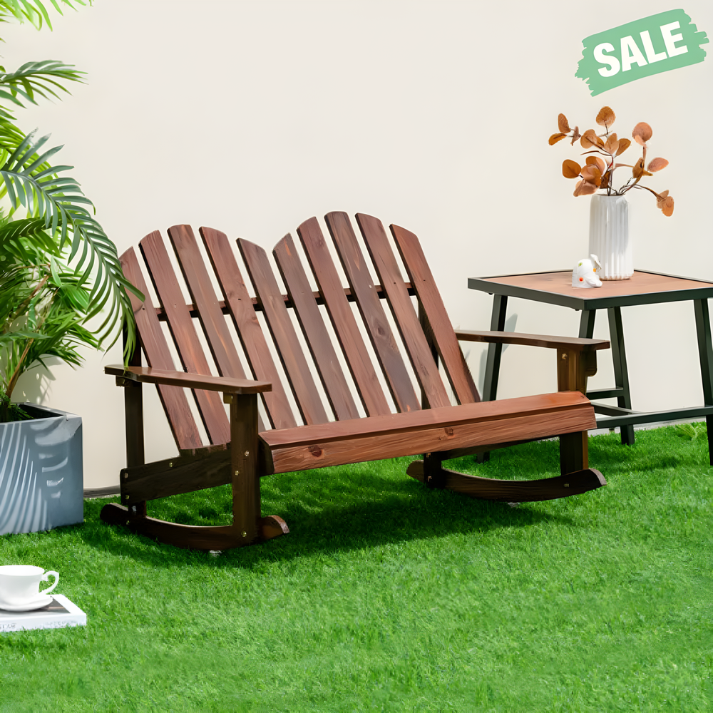 Brown 2-person Adirondack rocking chair with slatted seat, perfect for kids' outdoor seating and playtime.