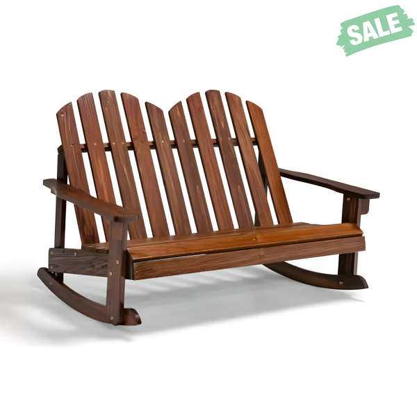 Brown 2-person Adirondack rocking chair with slatted seat, perfect for kids' outdoor seating. Angle 3 view.