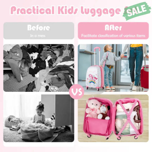 2 Pieces 12 Inch 16 Inch Green ABS Kids Suitcase Luggage Set Dark Pink Kids Luggage