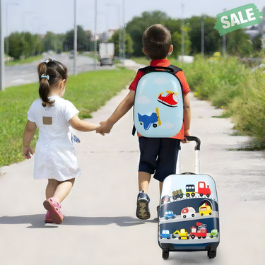 Blue 2-piece kids carry-on luggage set with 12-inch backpack, perfect for travel and adventures.