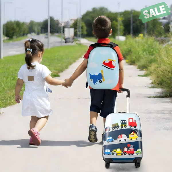 Blue 2-piece kids carry-on luggage set with 12-inch backpack, perfect for travel and adventures.
