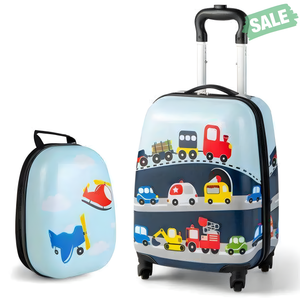 Kids carry-on luggage set with 12-inch blue backpack, angle view showcasing design and features.
