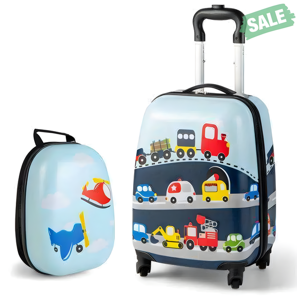 Kids carry-on luggage set with 12-inch blue backpack, angle view showcasing design and features.