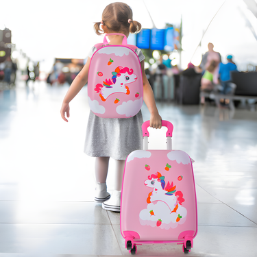 Multicolor 2-piece kids carry-on luggage set with 12-inch backpack, perfect for travel and adventures.