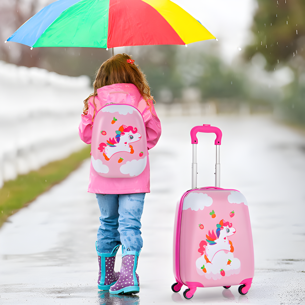 Multicolor 2-piece kids carry-on luggage set with 12-inch backpack, perfect for travel and adventures.