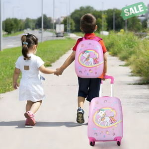 Pink 2-piece kids carry-on luggage set with 12-inch backpack, perfect for travel essentials and accessories.