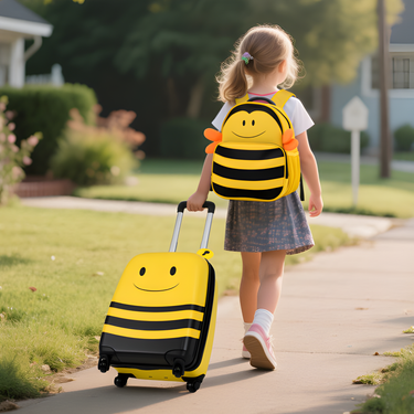 Yellow 2-piece kids luggage set on wheels with anti-lose rope and retractable rod. Perfect for travel!