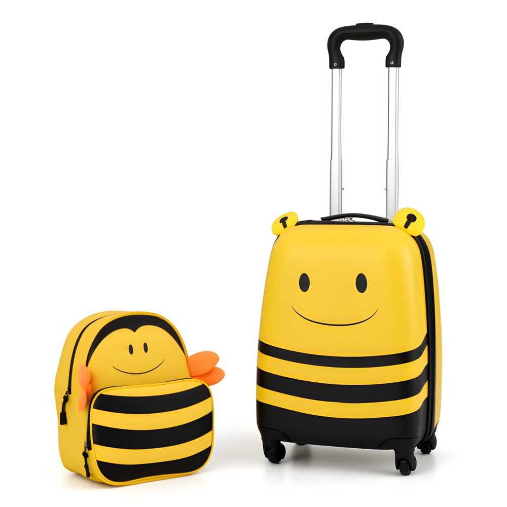 Yellow 2-piece kids luggage set on wheels with anti-lose rope and retractable rod. Perfect for travel!