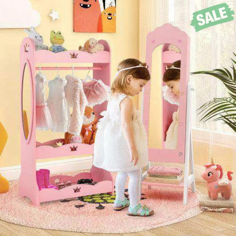 2 Pieces Kids Vanity Set and Jewelry Armoire Cabinet with Full-length Mirror-Pink Pink Kids Vanities