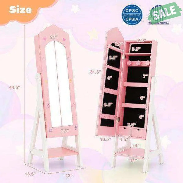2 Pieces Kids Vanity Set and Jewelry Armoire Cabinet with Full-length Mirror-Pink Pink Kids Vanities