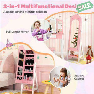 2 Pieces Kids Vanity Set and Jewelry Armoire Cabinet with Full-length Mirror-Pink Pink Kids Vanities