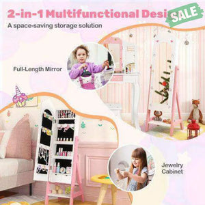 2 Pieces Kids Vanity Set and Jewelry Armoire Cabinet with Full-length Mirror-Pink Pink Kids Vanities