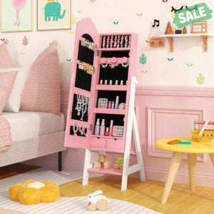 2 Pieces Kids Vanity Set and Jewelry Armoire Cabinet with Full-length Mirror-Pink Pink Kids Vanities