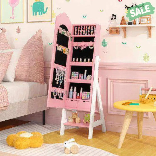 2 Pieces Kids Vanity Set and Jewelry Armoire Cabinet with Full-length Mirror-Pink Pink Kids Vanities