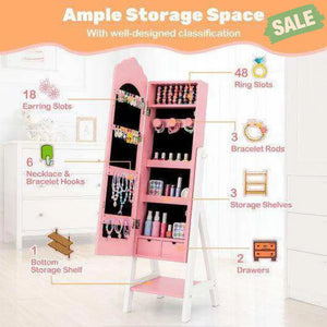 2 Pieces Kids Vanity Set and Jewelry Armoire Cabinet with Full-length Mirror-Pink Pink Kids Vanities