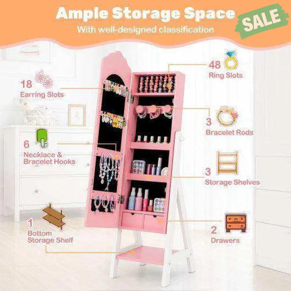 2 Pieces Kids Vanity Set and Jewelry Armoire Cabinet with Full-length Mirror-Pink Pink Kids Vanities
