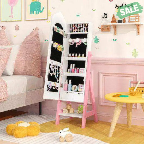 2 Pieces Kids Vanity Set and Jewelry Armoire Cabinet with Full-length Mirror-Pink Pink Kids Vanities