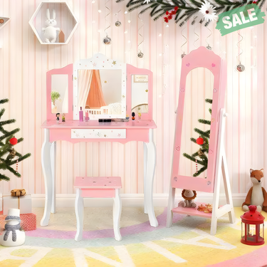 Pink 2-piece kids vanity set with jewelry armoire and full-length mirror for stylish playtime.