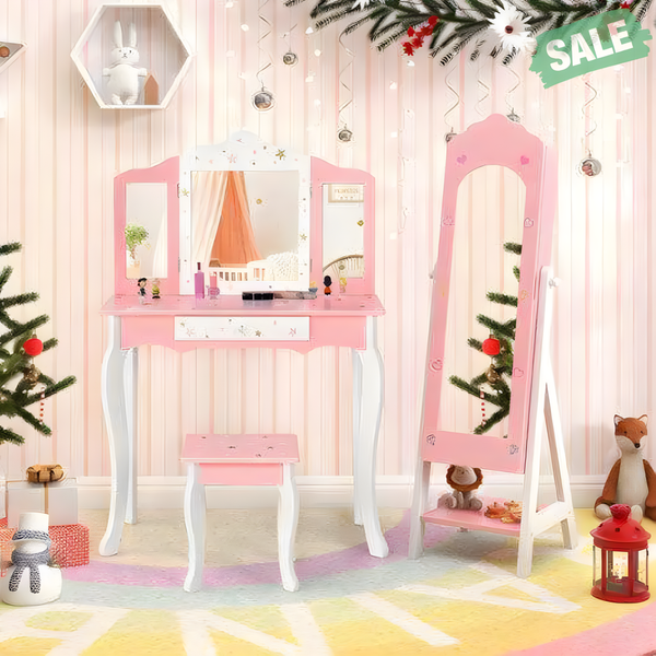 Pink 2-piece kids vanity set with jewelry armoire and full-length mirror for stylish playtime.