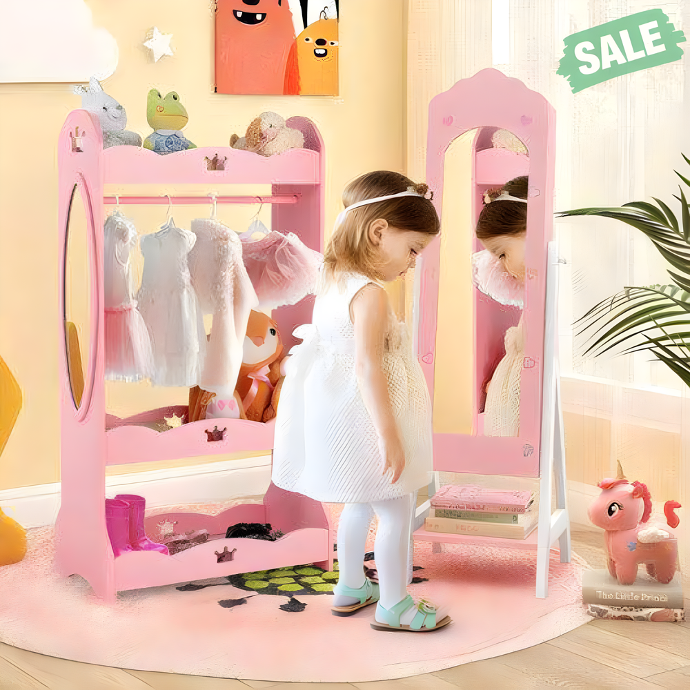 Pink 2-piece kids vanity set with jewelry armoire and full-length mirror for stylish playtime.