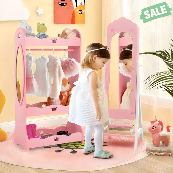 Pink kids vanity set with jewelry armoire and full-length mirror, perfect for little ones' playtime and organization.