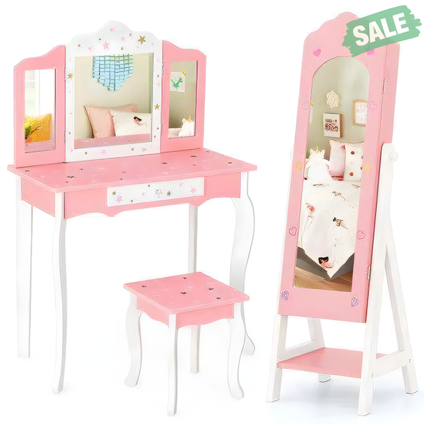 Pink kids vanity set with jewelry armoire and full-length mirror, perfect for little ones' playtime. Angle 3 view.