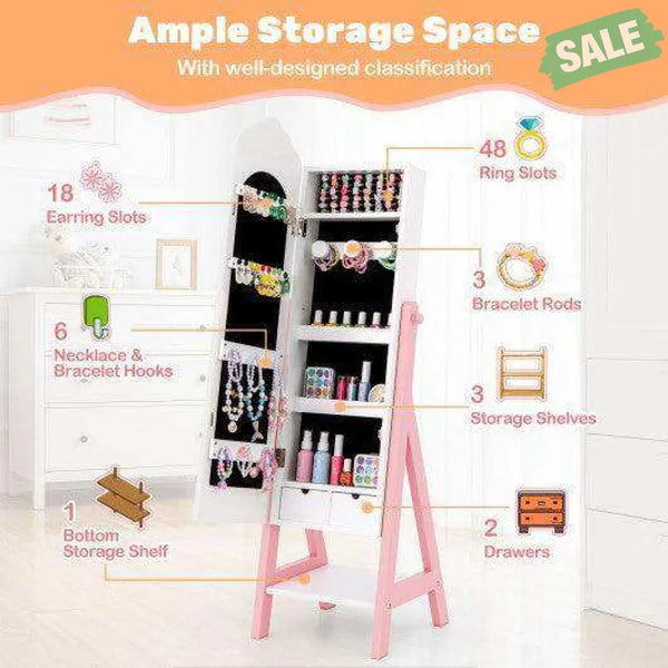 2 Pieces Kids Vanity Set and Jewelry Armoire Cabinet with Full-length Mirror-White